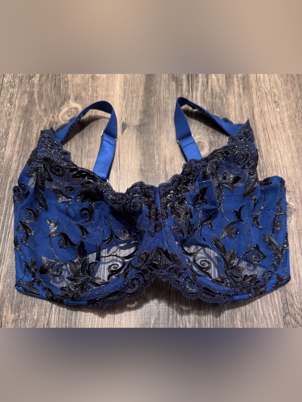 Soma Sensuous Lace Sheer Unlined Bra 36G Blue Black Underwire Sexy